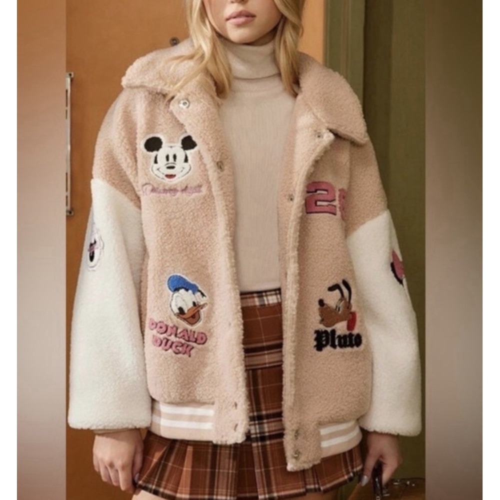 NWT Disney Forever 21 Sherpa Varsity Jacket 1X Mickey Friends Teddy Bomber Y2K